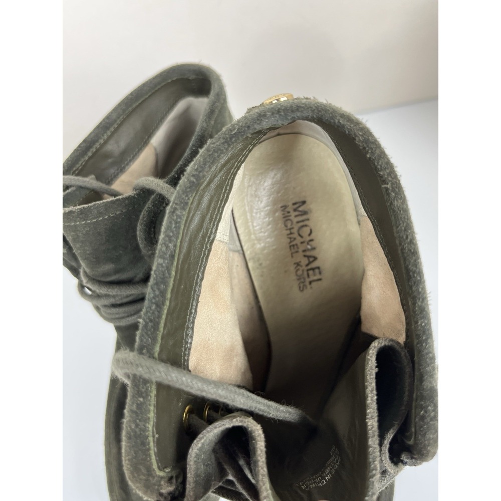 Michael Kors Size 8 Wedge Booties Green Gray Suede Lace-Up Platform Ankle Great! - Picture 6 of 16